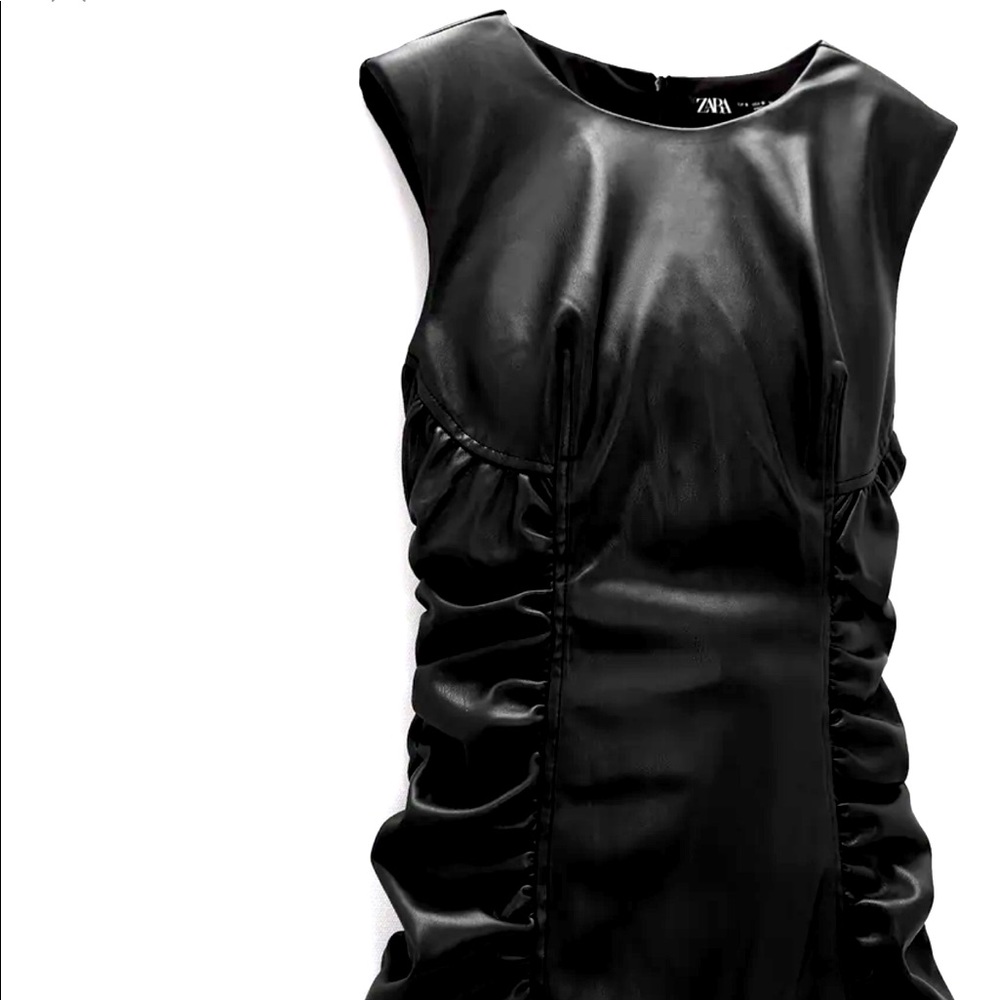 Zara ruched faux leather dress w/ shoulder pads